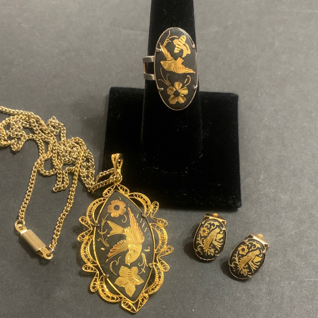 Vintage Spanish Damascene 3 Piece Set Necklace, Ring And Earrings Bird Scene